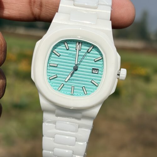 Luxury White Ceramic Analog Watch for Men & Women | Premium Sky Blue Dial Watch – MobzLuxuria