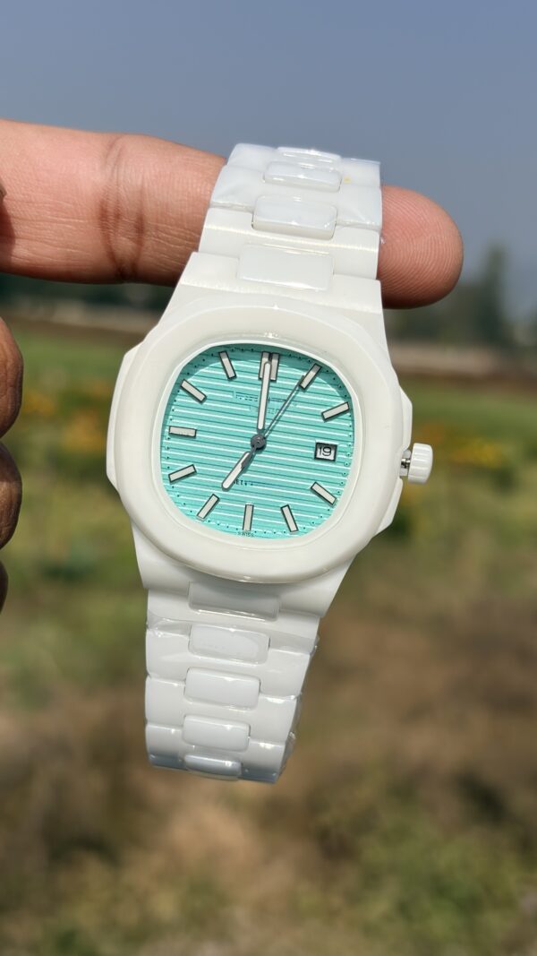 Luxury White Ceramic Analog Watch for Men & Women | Premium Sky Blue Dial Watch – MobzLuxuria