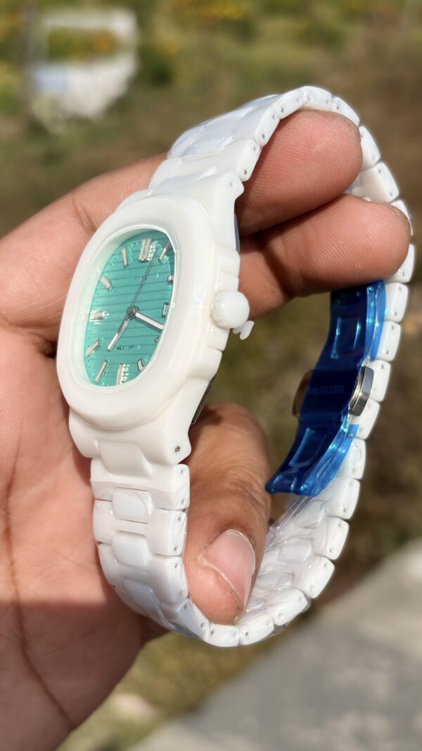 Luxury White Ceramic Analog Watch for Men & Women | Premium Sky Blue Dial Watch – MobzLuxuria