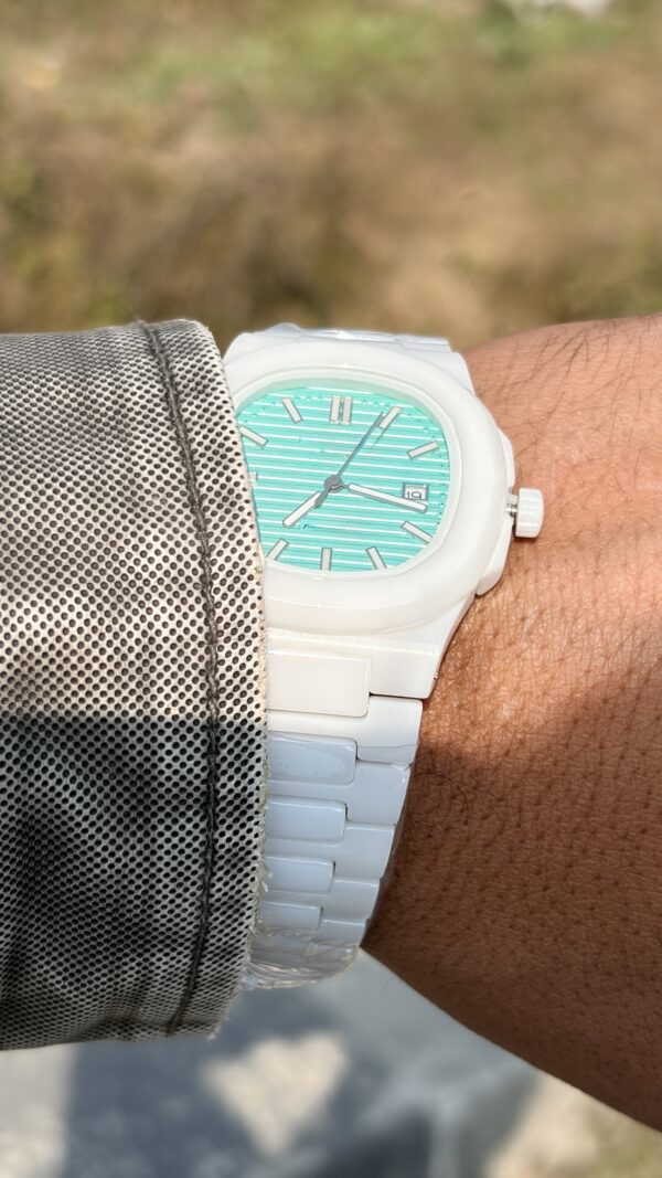 Luxury White Ceramic Analog Watch for Men & Women | Premium Sky Blue Dial Watch – MobzLuxuria